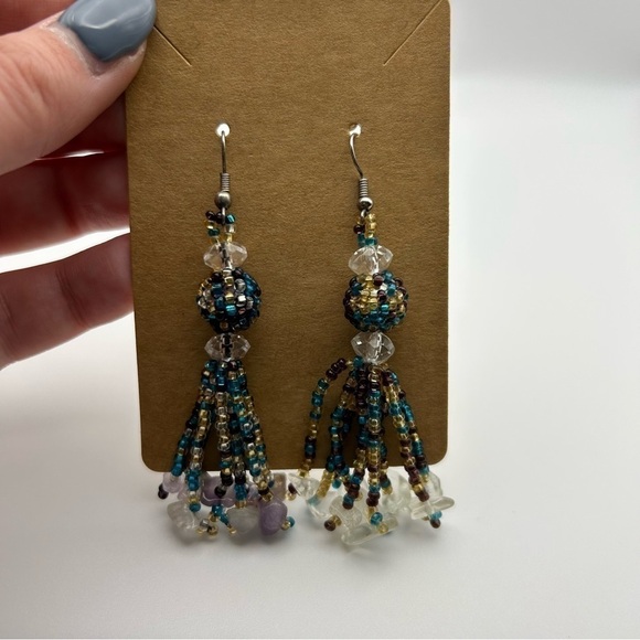 Blue Purple and Gold Seed Beaded Large Tassel Dangle Earrings - Picture 6 of 7